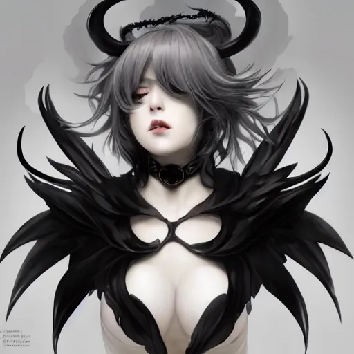 Prompt: a beautiful anime girl wtih balck horns and bat wings,white hair,full body painting,by Greg Rutkowski and Ilya Kuvshinov and Alphonse Maria Mucha,super clear detailed,hyper realistic,trending on artstation,8k