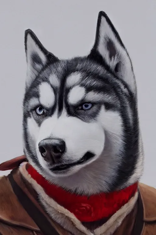 Image similar to a portrait painting of a husky in cowboy costume, wearing a cowboy hat, by studio ghibli, [ western film ], [ red dead ], trending on artstation