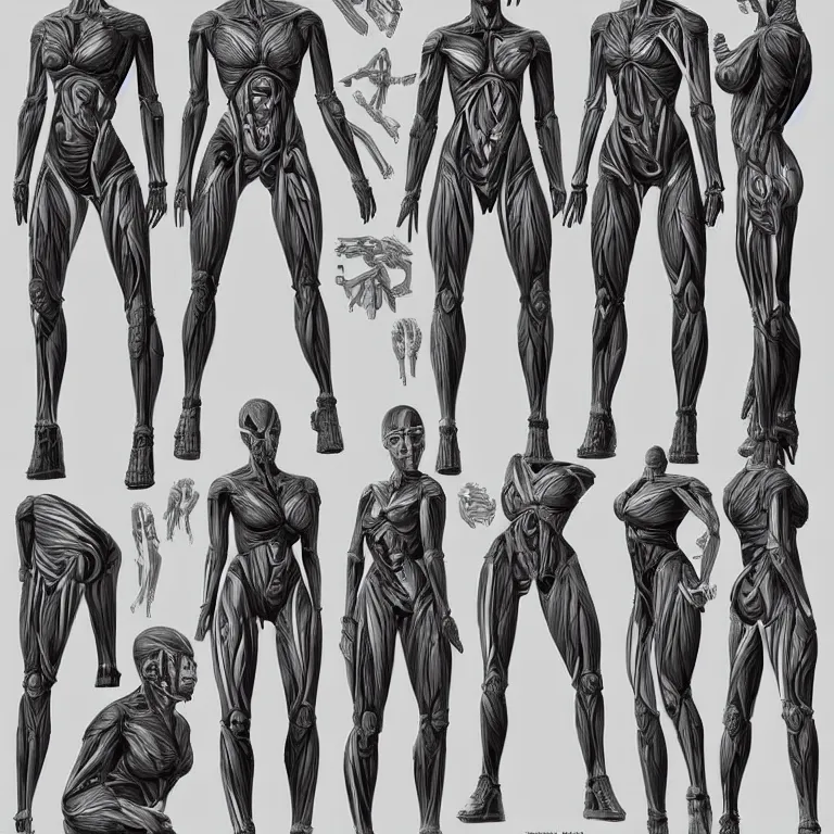 Prompt: symmetry!! human anatomy with cybernetic implants, gun metal grey, mecha, three - perspective / three - view reference sheet ( front / back / side ), muscles reference art, bionic, digital art, in the style of amanda lilleston, luka mivsek, bryan christie, artstation, pinterest, deviantart, photoshop, unreal engine