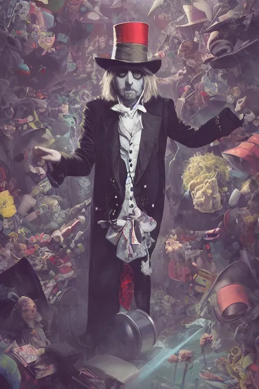 Image similar to tom petty as the mad hatter, contrast, kim jung gi, greg rutkowski, zabrocki, karlkka, jayison devadas, trending on artstation, 8 k, ultra wide angle, zenith view, pincushion lens effect