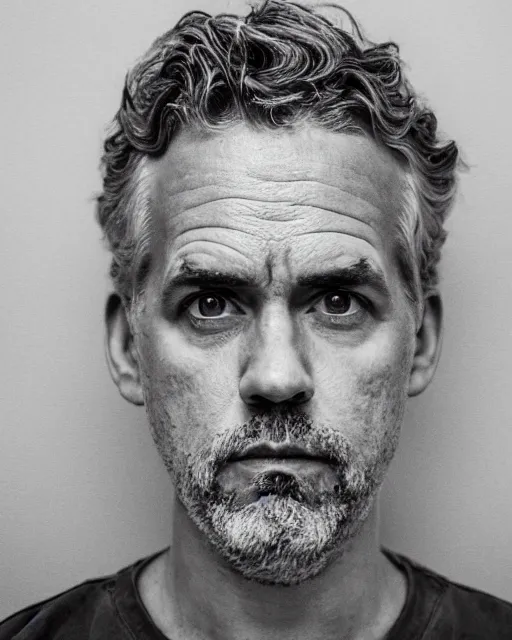 Image similar to prison mugshot of jordan peterson, bright flash, orange prison shirt, low saturation, somber expression, filthy hair, rugged textured face, soft vignette, soft focus, 5 0 mm, 4 k, nypd