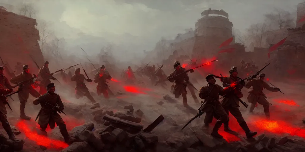 Image similar to red army fighting against white army in the ruined city of russian motheland, extremely detailed digital painting, in the style of fenghua zhong and ruan jia and jeremy lipking and peter mohrbacher, mystical colors, rim light, beautiful lighting, 8 k, stunning scene, raytracing, octane, trending on artstation