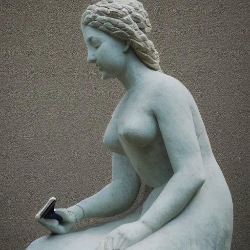 Prompt: a stone statue of a lady on her phone sitting on a bed, 5 0 mm lens, f 1. 4, sharp focus, ethereal, emotionally evoking, head in focus, volumetric lighting, 8 k