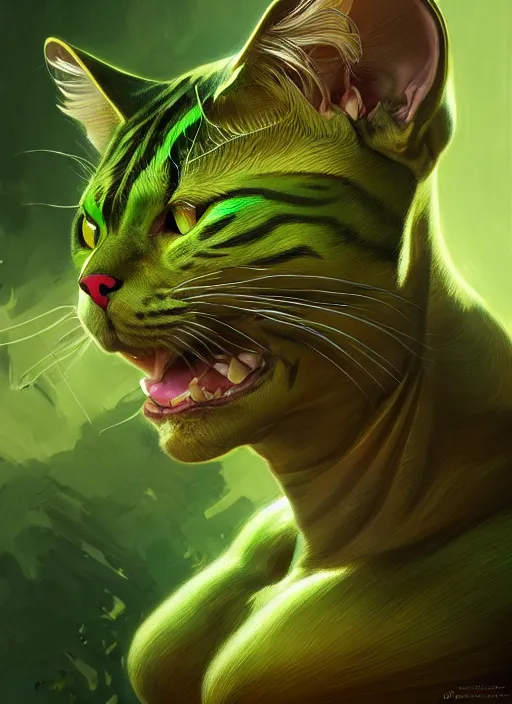 Prompt: portrait of a muscular green cat, d & d, armour, fantasy, intricate, elegant, highly detailed, digital painting, artstation, concept art, smooth, sharp focus, illustration, art by artgerm and greg rutkowski and alphonse mucha