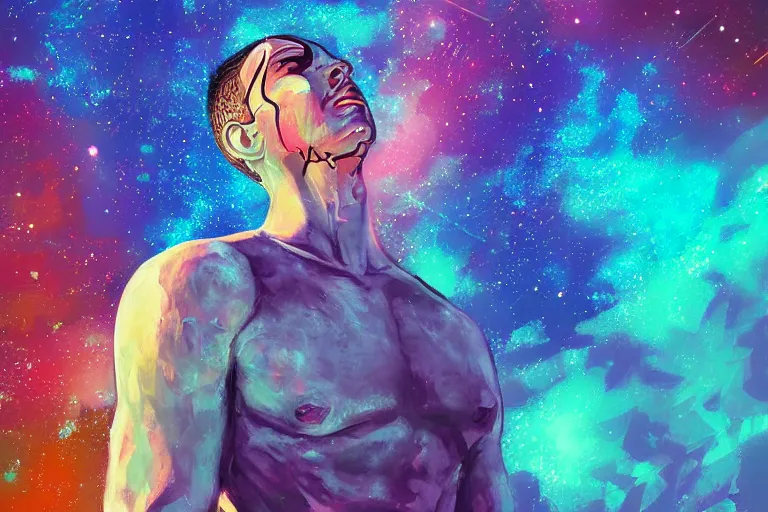 Image similar to digital art of a spiritual gladiator looking up at the stars, acrylic art, universe, painting, pastel colors, synthwave, retro, cyberpunk,