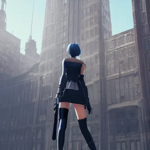 Image similar to 2B nier automata standing in front of a large building, detailed, artstation, concept art, Unreal Engine 5 render, 8K