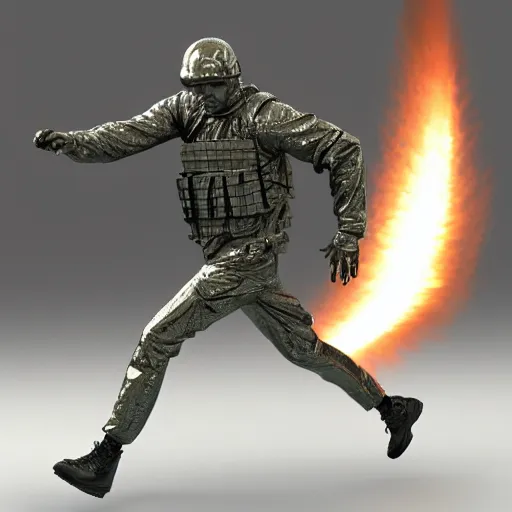 Image similar to 3 d render melted military soldier running sculpture, chrometype, liquid metal, neotribal, raytraced, volumetric lightning, 8 k by wlop, innate studio h - 1 0 0 0 w - 1 0 0 0