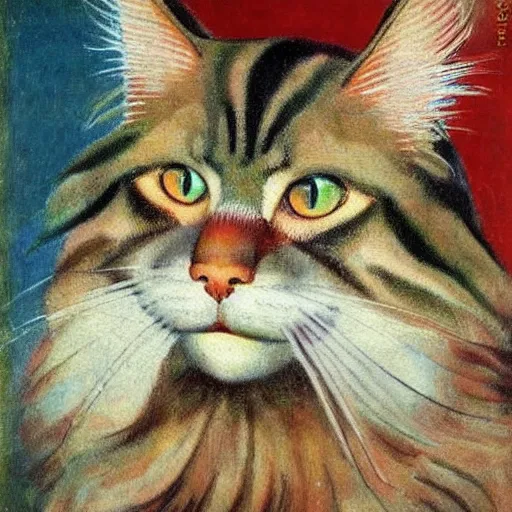 Image similar to soviet painting of ginger maine coon with white beard by isaak brodsky, walter womacka, czeslaw znamierowski, vladimir pchelin, kuzma petrov - vodkin, igor berezovsky