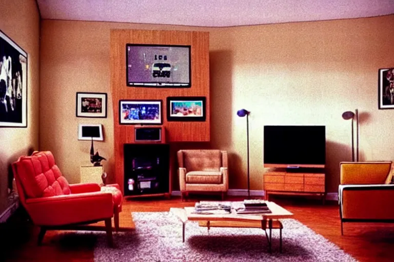 Image similar to a living room in 1984!! A square CRT TV is on!!! with Netflix on the screen!!!!! Professional photography, Low key lighting, at night!!!!! very detailed,