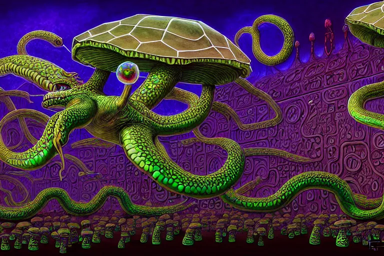 Image similar to a detailed digital art painting of a cell shaded cyberpunk ornate magick oni dragon with occult futuristic effigy of a beautiful field of mushrooms that is a adorable turtle atomic latent snakes in between ferret biomorphic molecular psychedelic hallucinations in the style of escher, alex grey, stephen gammell inspired by realism, symbolism, magical realism and dark fantasy, crisp