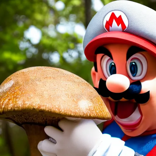 Image similar to photo of real life mario finding a giant mushroom, exhilarated, portrait, closeup. mouth open, 30mm, bokeh