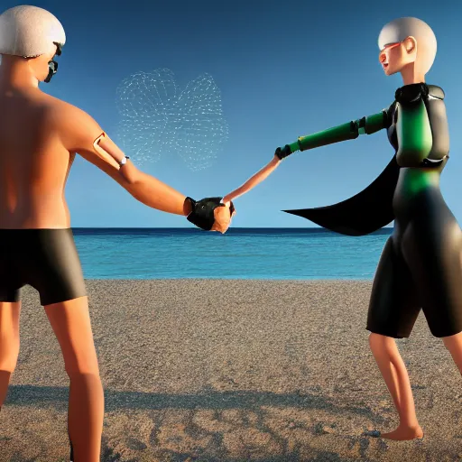 Prompt: a cybernetic android couple holding hands at the beach, high resolution, 8k, extreme detail