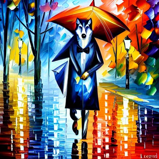 Image similar to wolf with hat and umbrella in the rain, by leonid afremov