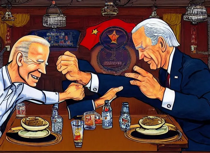 Image similar to joe biden arm wrestling xi jinping in a bar in china illustration by mike ploog