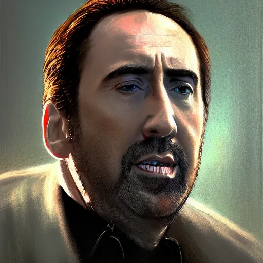 Prompt: Portrait of a Nic Cage in GTA V , art by Albert Bierstadt and James Gurney, highly detailed, digital painting, matte painting, concept art, illustration, oppressive lighting, trending on artstation, very detailed