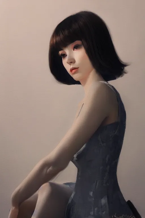 Image similar to a ultradetailed beautiful panting of a stylish woman, 1 9 6 0's fashion, high angle shot, oil painting, by ilya kuvshinov, greg rutkowski and makoto shinkai