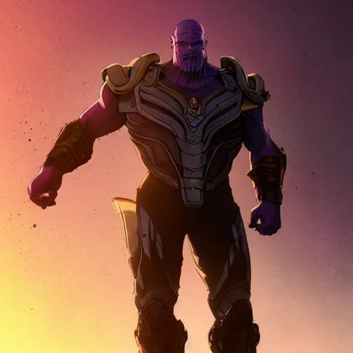 Image similar to portrait of Thanos standing on a tank in a post apocalyptic battlefield at sunrise, action pose, dramatic lighting, high contrast, cosmic horror, abstract, masterpiece, trending on ArtStation, by Moebius, blizzard concept artists, Greg Rutkovski and by Craig Mullins and by Ismail Inceoglu, backlight, rim lighting, god rays, lens flare, james cameron, cinematic, film still-H 704