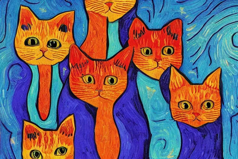 Image similar to beautiful art illustration of a group of cats by laurel burch and van gogh, oil painting, highly detailed