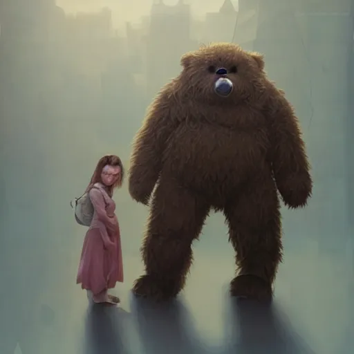 Image similar to mean fluffy teddybear protecting girl, dystopian, sci-fi, extremely detailed, digital painting, sculpted in zbrush, artstation, concept art, smooth, sharp focus, illustration, chiaroscuro lighting, golden ratio, incredible art by artgerm and greg rutkowski and alphonse mucha and simon stalenhag