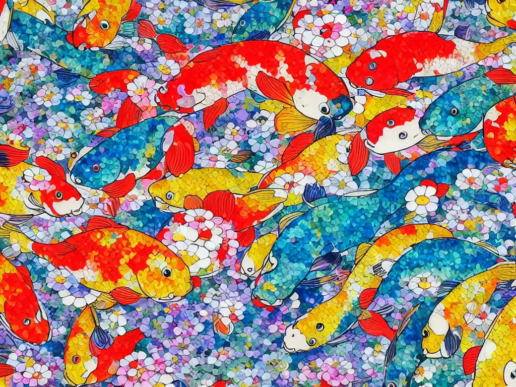 Prompt: colorful koi carp collage illustration pattern, tiny, small, miniature, short, cute and adorable, digital painting, highly detailed, intricate, elegant, artstation, concept art, colorful, beautiful, studio ghibli, aoshima chiho, takashi murakami, manga, cute and adorable