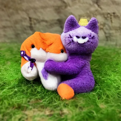 Prompt: purple tiny dragon snuggling orange tabby cat, orange tabby hugging purple tiny dragon