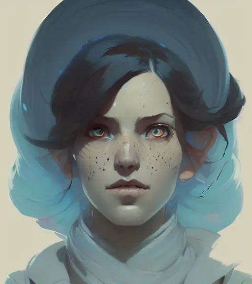 Image similar to portrait of a female mage, by atey ghailan, by greg rutkowski, by greg tocchini, by james gilleard, by joe fenton, by kaethe butcher, dynamic lighting, gradient light blue, brown, blonde cream and white color scheme, grunge aesthetic