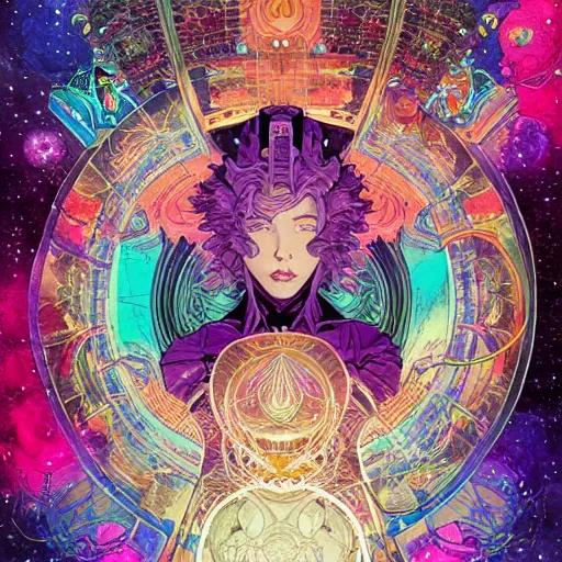 Image similar to the empress by travis charest and laurie greasley, yoshitaka amano, hiroshi yoshida, cosmic energy by Kelly McKernan, detailed, kaleidoscope, psychedelic, cosmic energy by Kelly McKernan, yoshitaka amano, hiroshi yoshida, moebius, artgerm, cool tone pastel rainbow colors, inspired by dnd, iridescent aesthetic, centered symmetrical and detailed