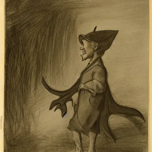 Image similar to by alfred parsons, by peter sculthorpe spirited. a drawing of a young boy disguised as a dragon. the boy is shown wearing a costume with dragon - like features, including a long tail, wings, & horns. he has a large grin on his face, suggesting that he is enjoying his disguise.