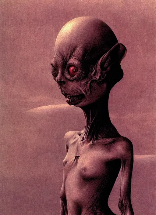 Prompt: bald goblin girl by Beksinski and Luis Royo