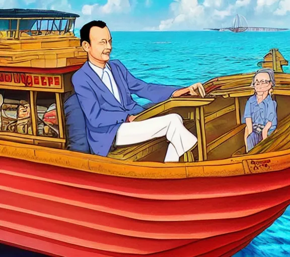 Image similar to Tom hanks as forrest gump sitting in a giant shrimp boat, majestic beautiful world, digital art, amazing detail, artstation, in the style of hayao miyazaki