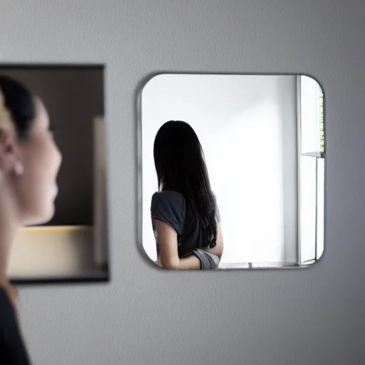 Prompt: a woman looking into the mirror, optical illusion