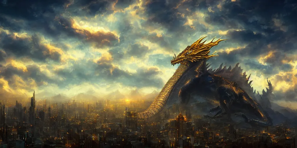 Image similar to !dream a beautiful digital painting of golden eastern giant dragon alone in sky, night clouds, above city, atmospheric lighting, Octane Render a fantasy digital painting by James Gurney, trending on Artstation, hyperrealistic, realistic, photorealistic, dynamic lighting, highly detailed, cinematic landscape, studio lighting