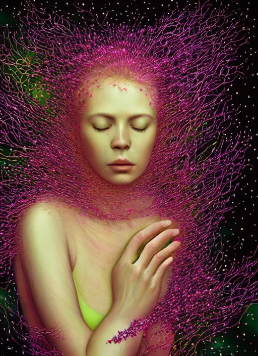 Prompt: hyper detailed 3d render like a Oil painting - Aurora (Singer) Eats of the Strangling Fruit of penance and Her Hands full of gossamer polyp blossoms bring iridescent fungal flowers whose spores black the foolish stars by Jacek Yerka, Mariusz Lewandowski, Houdini algorithmic generative render, Abstract brush strokes, Masterpiece, Edward Hopper and James Gilleard, Zdzislaw Beksinski, Mark Ryden, Wolfgang Lettl, hints of Yayoi Kasuma, octane render, 8k