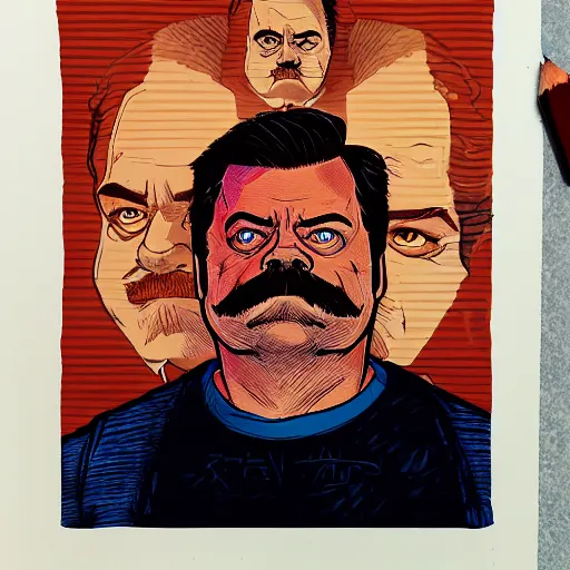 Image similar to a drawing of ron swanson by josan gonzales and Dan Mumford