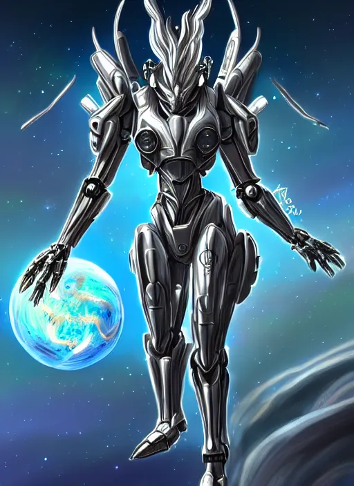 Image similar to goddess shot, galactic sized stunning beautiful anthropomorphic robot mecha female dragon, in space, larger than planets, posing elegantly, holding earth in sharp hand, detailed silver armor, epic proportions, epic scale, ultra detailed digital art, furry art, macro art, dragon art, giantess art, warframe fanart, furaffinity, deviantart, realistic