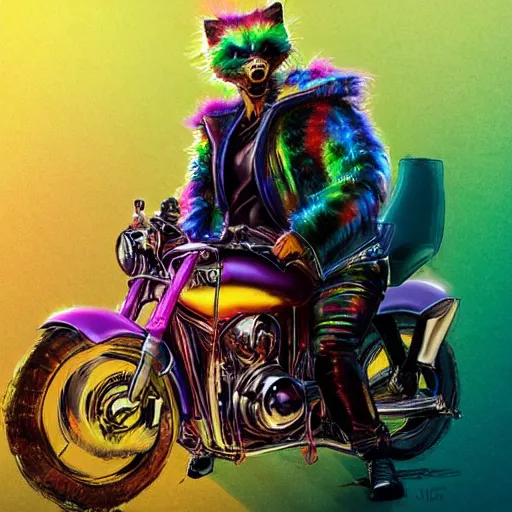 Image similar to wide angle full body, jacket wearing fluffy cute rainbow kitten wearing a black leather motorcycle jacket, cinematic concept art