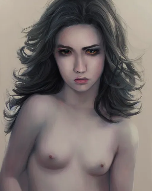 Prompt: portrait painting of an androgynous chubby 2 2 year old with short dark curly hair and pale skin, dark eyeliner, artgerm, deviantart, artstation