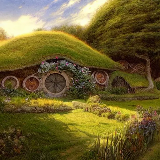 Image similar to beautiful serene hobbiton, by alan lee, lord of the rings, smooth, detailed terrain, oil painting, matte painting concept art, trending on art station