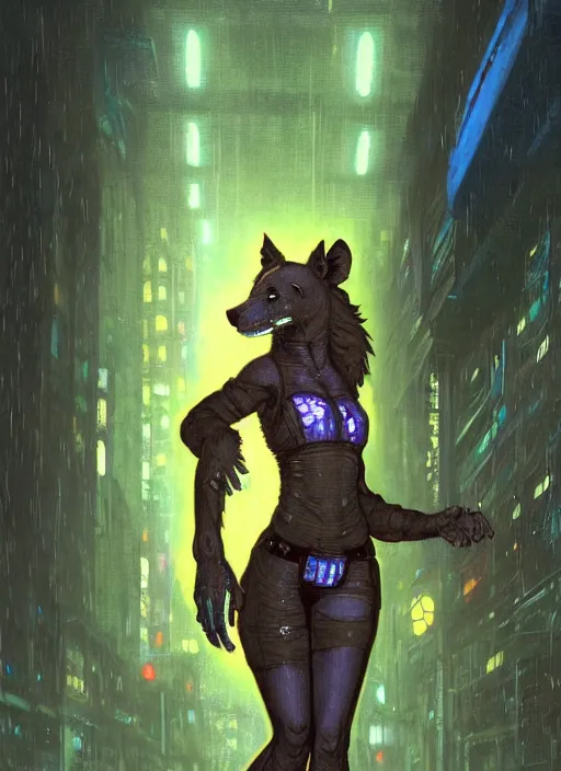 Prompt: beautiful full-body portrait commission of a [female furry anthro!!! spotted hyena fursona] [wearing jedi robes] [in a cyberpunk city at night in the rain]. Neon light. Atmospheric. Renowned character illustration by greg rutkowski, thomas kindkade, alphonse mucha, loish, norman rockwell. detailed, dungeons and dragons character art