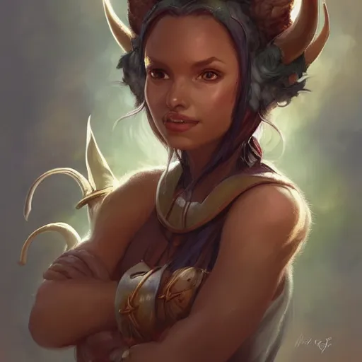 Image similar to cute Whimsical Tiefling Druid with cute horns , light-brown skin, D&D, fantasy, portrait, highly detailed, digital painting, artstation, concept art, sharp focus, illustration, art by artgerm and greg rutkowski and magali villeneuve