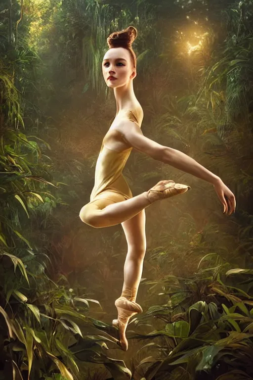 Image similar to stunningly beautiful, irish prima ballerina in jungle, symmetrical face, golden hour, smooth, focus, highly detailed, hyper realistic, dramatic lighting, elegant, intricate, concept art, art by wlop, mars ravelo, greg rutowski