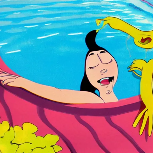 Image similar to a female anthropomorphic nostril in a swimming pool, children's television show, 1974, technicolor