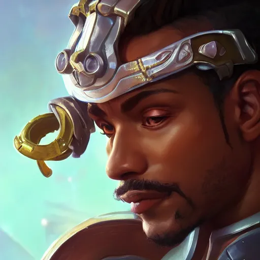 Image similar to closeup portrait of lucio from overwatch, d & d, fantasy, intricate, elegant, highly detailed, digital painting, artstation, concept art, matte, sharp focus, illustration, hearthstone, art by artgerm and greg rutkowski and alphonse mucha