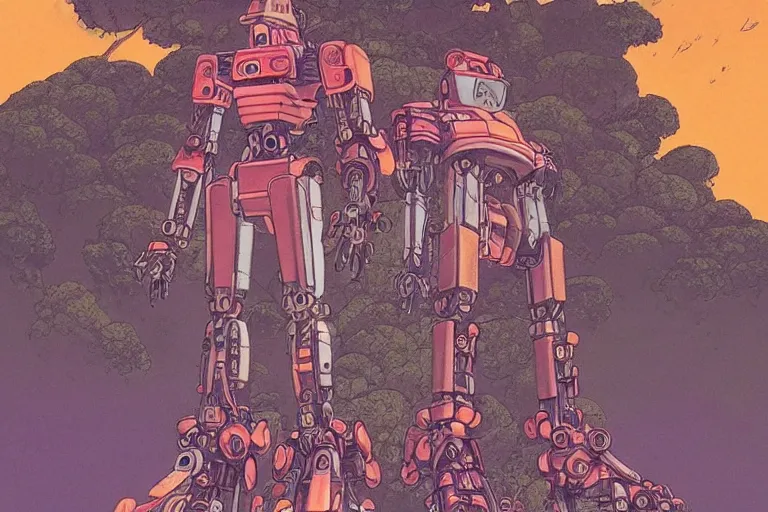 Prompt: gigantic man head, a lot of exotic vegetation around, trees, tremendous mecha robot, flowers, risograph!, oldschool vintage sci - fi flat surreal design, super - detailed, painting by moebius and satoshi kon and jodorowski and katsuhiro otomo