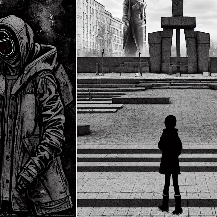 Image similar to storyboard : sadie sink in hoodie sits on bench in ruined square, pedestrians walk by, soviet monument and propaganda posters. scifi cyberpunk. by gabriel hardman. cinematic atmosphere, detailed and intricate, perfect anatomy