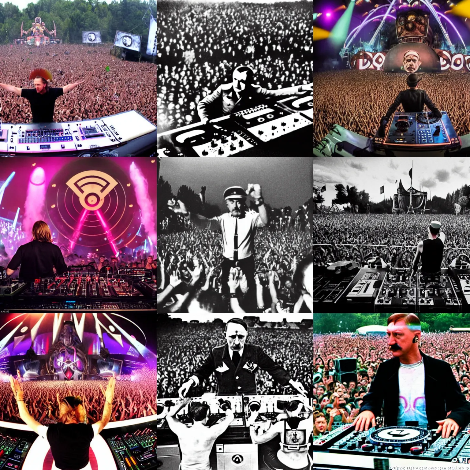 Prompt: hitler on dj console with david guetta on tomorrowland in front of concentration field