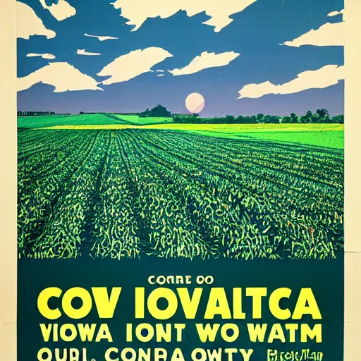 Prompt: vintage travel poster to see a cornfield in Iowa, 1965