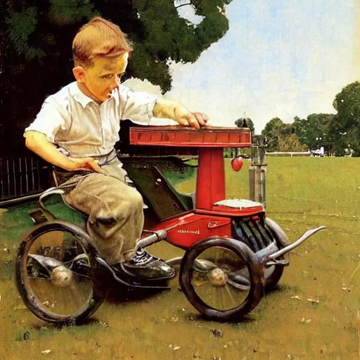 Image similar to a Norman Rockwell painting of a boy driving a hover-car