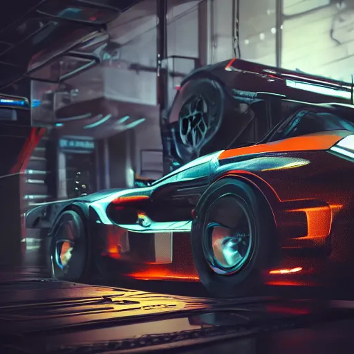 Image similar to a cyberpunk racing computer. Overpower, mat black metal, orange racing stripes, alienware, Beautiful dramatic dark moody tones and lighting, Ultra realistic details,cinematic atmosphere,studio lighting,shadows,dark background, Octane render,8K