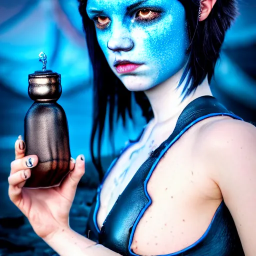 Image similar to a dnd Triton girl with blue skin and messy black hair drinking from a leather wine flask, a little blue-skinned girl with messy black hair sharp pointed ears freckles along the ridges of her cheeks, dnd triton, high resolution film still, 4k, HDR colors